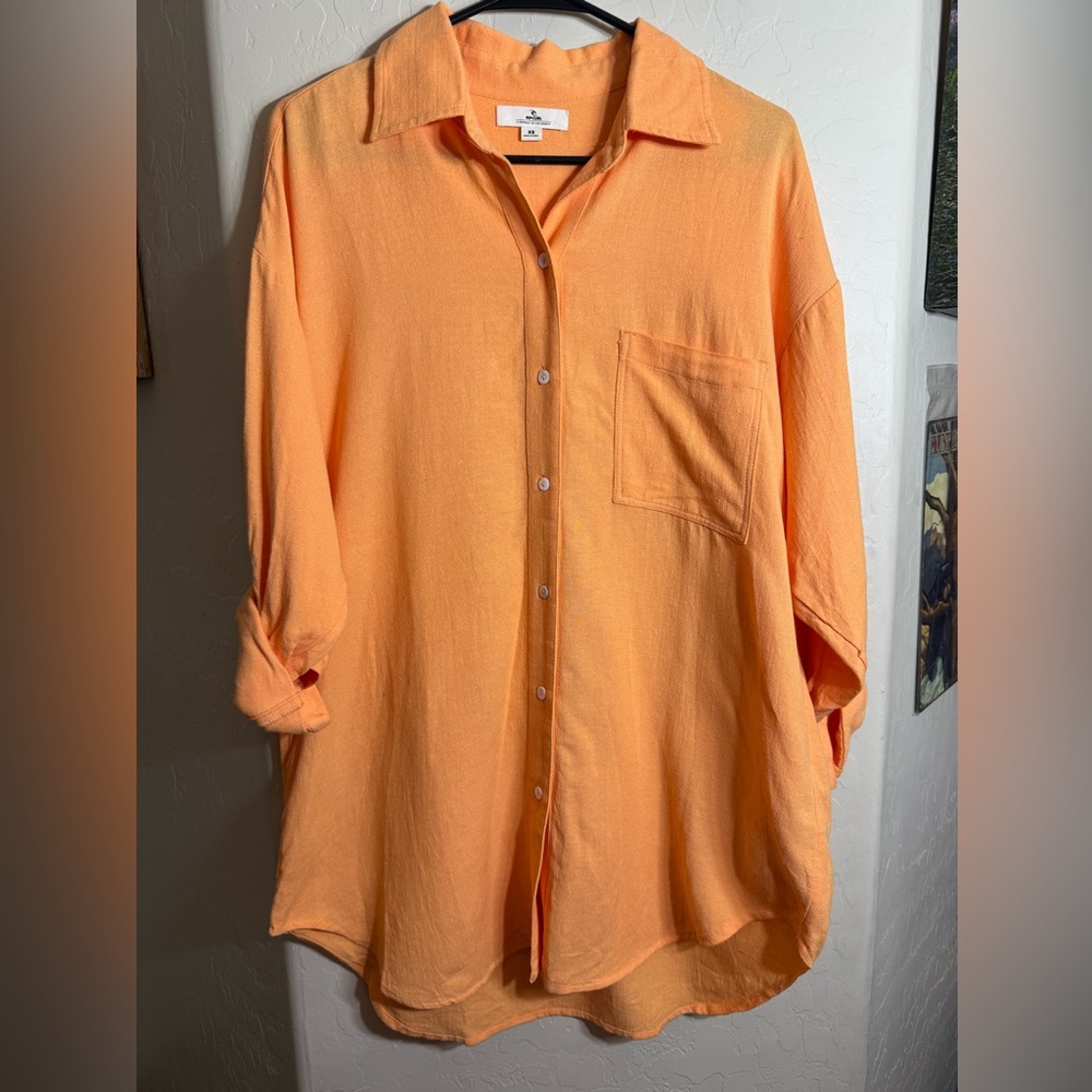 Rip Curl Orange Linen Blend Button Up Shirt XS Lightweight Beach Resort Top